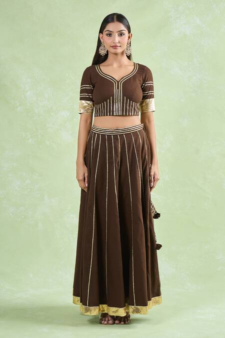 Naintara Bajaj_Brown Cotton, Chiffon Gota Patti Asymmetric Lace Stripe Lehenga Set _at_Aza_Fashions