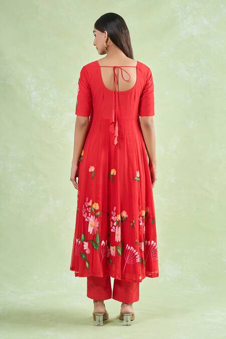 Shop_Samyukta Singhania_Red Chiffon, Cotton Hand Painted Floral Vine Anarkali Set _at_Aza_Fashions