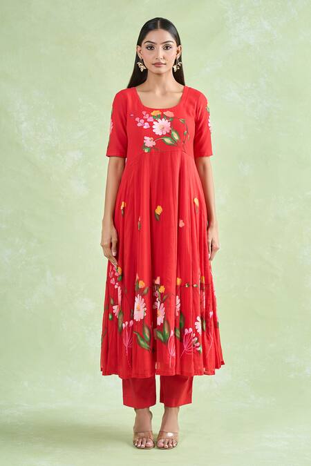 Buy_Samyukta Singhania_Red Chiffon, Cotton Hand Painted Floral Vine Anarkali Set _Online_at_Aza_Fashions