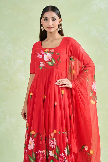 Shop_Samyukta Singhania_Red Chiffon, Cotton Hand Painted Floral Vine Anarkali Set _Online_at_Aza_Fashions