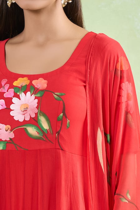 Samyukta Singhania_Red Chiffon, Cotton Hand Painted Floral Vine Anarkali Set _at_Aza_Fashions