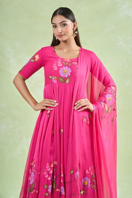 Naintara Bajaj_Pink Chiffon, Cotton Round Neck Floral Vine Anarkali And Pant Set _Online_at_Aza_Fashions