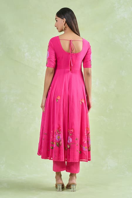 Shop_Naintara Bajaj_Pink Chiffon, Cotton Round Neck Floral Vine Anarkali And Pant Set _at_Aza_Fashions