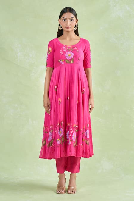 Buy_Naintara Bajaj_Pink Chiffon, Cotton Round Neck Floral Vine Anarkali And Pant Set _Online_at_Aza_Fashions