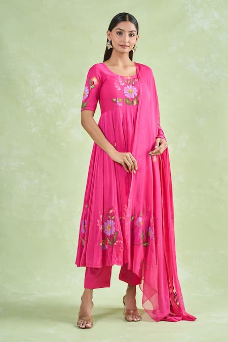 Shop_Naintara Bajaj_Pink Chiffon, Cotton Round Neck Floral Vine Anarkali And Pant Set _Online_at_Aza_Fashions