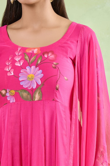 Naintara Bajaj_Pink Chiffon, Cotton Round Neck Floral Vine Anarkali And Pant Set _at_Aza_Fashions