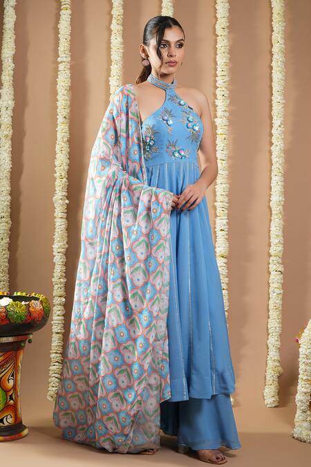 Ahi Clothing_Blue Georgette, Cotton Metallic Thread Halter Neck Hand Embroidered Anarkali Set _Online_at_Aza_Fashions