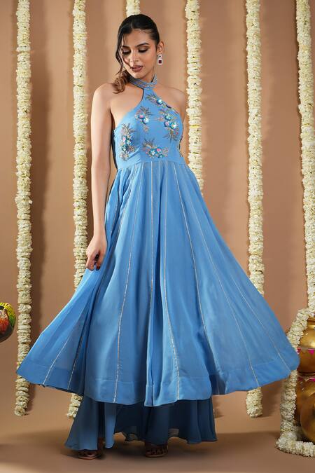 Shop_Ahi Clothing_Blue Georgette, Cotton Metallic Thread Halter Neck Hand Embroidered Anarkali Set _Online_at_Aza_Fashions