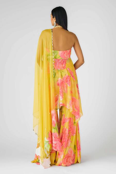 Shop_Basanti - Kapde Aur Koffee_Yellow Georgette Pearls, Sequins Halter Neck Wild Marigold Printed Anarkali Set_at_Aza_Fashions