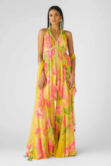 Basanti - Kapde Aur Koffee_Yellow Georgette Pearls, Sequins Halter Neck Wild Marigold Printed Anarkali Set_Online_at_Aza_Fashions
