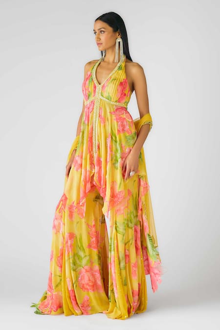 Buy_Basanti - Kapde Aur Koffee_Yellow Georgette Pearls, Sequins Halter Neck Wild Marigold Printed Anarkali Set_Online_at_Aza_Fashions