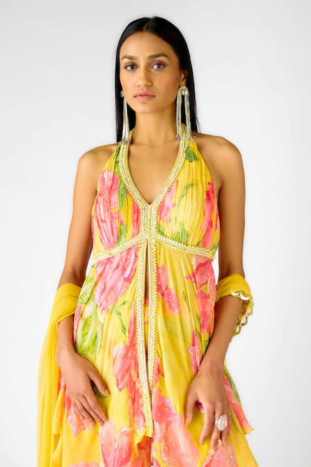 Shop_Basanti - Kapde Aur Koffee_Yellow Georgette Pearls, Sequins Halter Neck Wild Marigold Printed Anarkali Set_Online_at_Aza_Fashions