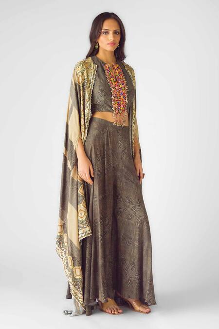 Basanti - Kapde Aur Koffee_Beige Muslin Sequins, Beads Bandeau Neck Geometric Print Cape Sharara Set _Online_at_Aza_Fashions