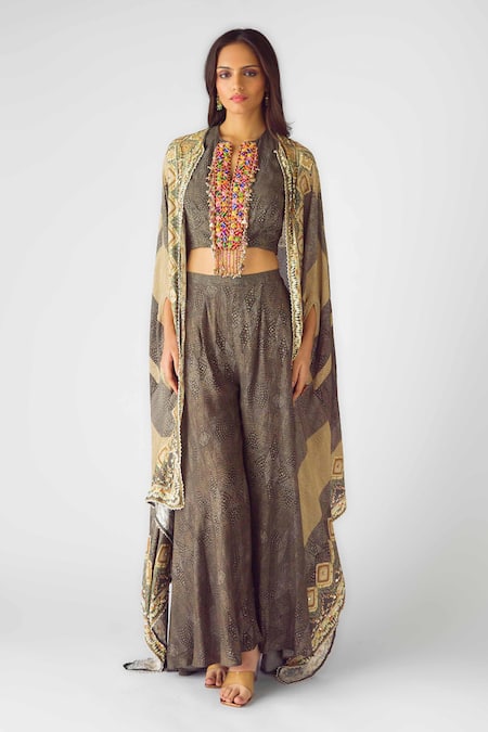 Basanti - Kapde Aur Koffee Beige Muslin Sequins, Beads Bandeau Neck Geometric Print Cape Sharara Set