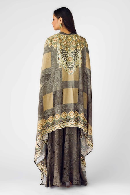 Basanti - Kapde Aur Koffee Beige Geometric Print Cape Sharara Set
