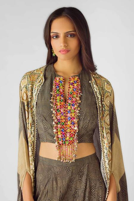 Buy_Basanti - Kapde Aur Koffee_Beige Muslin Sequins, Beads Bandeau Neck Geometric Print Cape Sharara Set _Online_at_Aza_Fashions