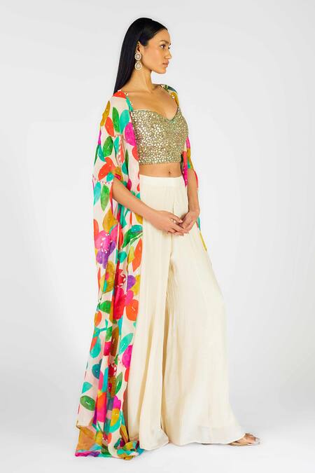 Basanti - Kapde Aur Koffee_Gold Crepe, Georgette Sequins, Mirrors, Abstract Leaf Print Cape Sharara Set _Online_at_Aza_Fashions