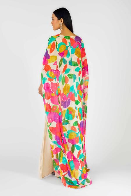 Shop_Basanti - Kapde Aur Koffee_Gold Crepe, Georgette Sequins, Mirrors, Abstract Leaf Print Cape Sharara Set _at_Aza_Fashions