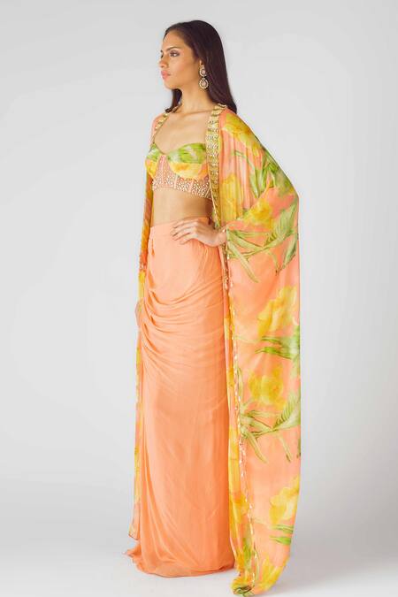 Basanti - Kapde Aur Koffee Orange Georgette Pearls, Sequins Sweetheart Neck Bloom Print Cape Skirt Set Online at Aza Fashions Basanti - Kapde Aur Koffee_Orange Georgette Pearls, Sequins Sweetheart Neck Bloom Print Cape Skirt Set_Online_at_Aza_Fashions