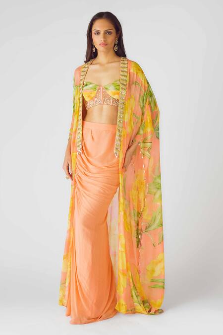 Buy Basanti - Kapde Aur Koffee Orange Georgette Pearls, Sequins Sweetheart Neck Bloom Print Cape Skirt Set Online at Aza Fashions Buy_Basanti - Kapde Aur Koffee_Orange Georgette Pearls, Sequins Sweetheart Neck Bloom Print Cape Skirt Set_Online_at_Aza_Fashions