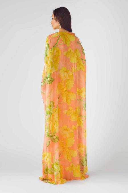 Shop Basanti - Kapde Aur Koffee Orange Georgette Pearls, Sequins Sweetheart Neck Bloom Print Cape Skirt Set at Aza Fashions Shop_Basanti - Kapde Aur Koffee_Orange Georgette Pearls, Sequins Sweetheart Neck Bloom Print Cape Skirt Set_at_Aza_Fashions