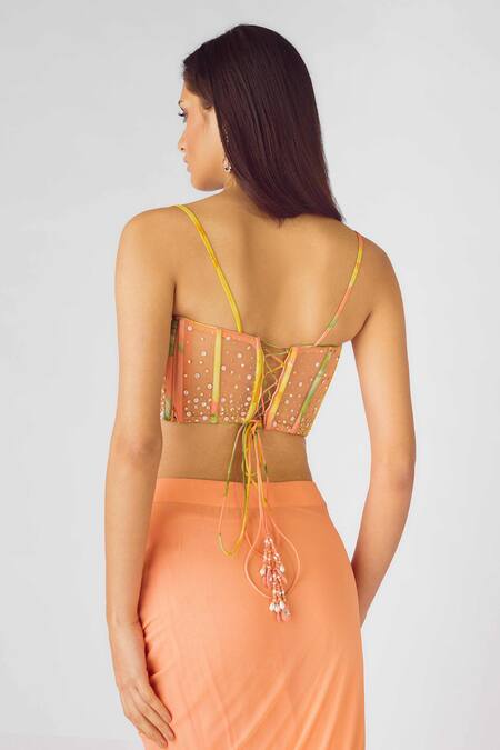 Shop Basanti - Kapde Aur Koffee Orange Georgette Pearls, Sequins Sweetheart Neck Bloom Print Cape Skirt Set Online at Aza Fashions Shop_Basanti - Kapde Aur Koffee_Orange Georgette Pearls, Sequins Sweetheart Neck Bloom Print Cape Skirt Set_Online_at_Aza_Fashions