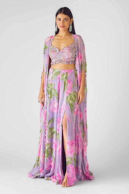 Basanti - Kapde Aur Koffee Purple Georgette Sequins, Beads, Floral Embroidered Cape And Slit Skirt Set Online at Aza Fashions Basanti - Kapde Aur Koffee_Purple Georgette Sequins, Beads, Floral Embroidered Cape And Slit Skirt Set_Online_at_Aza_Fashions