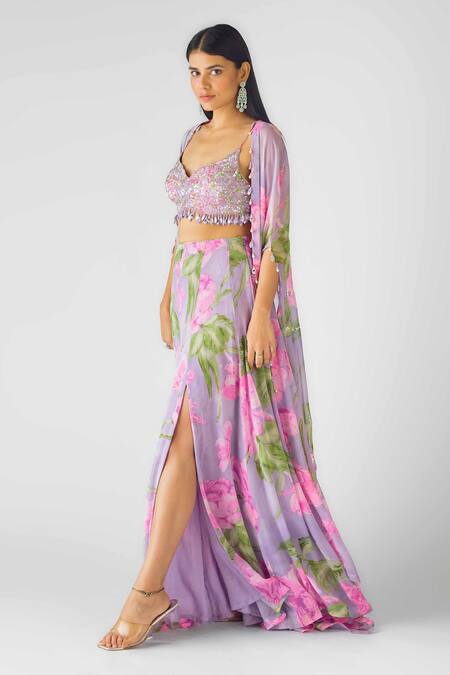 Shop Basanti - Kapde Aur Koffee Purple Georgette Sequins, Beads, Floral Embroidered Cape And Slit Skirt Set Online at Aza Fashions Shop_Basanti - Kapde Aur Koffee_Purple Georgette Sequins, Beads, Floral Embroidered Cape And Slit Skirt Set_Online_at_Aza_Fashions