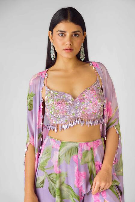 Basanti - Kapde Aur Koffee Purple Georgette Sequins, Beads, Floral Embroidered Cape And Slit Skirt Set at Aza Fashions Basanti - Kapde Aur Koffee_Purple Georgette Sequins, Beads, Floral Embroidered Cape And Slit Skirt Set_at_Aza_Fashions