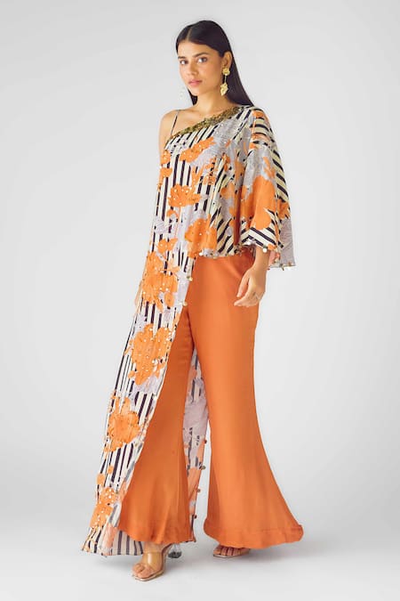 Basanti - Kapde Aur Koffee_Orange Crepe Sequins Round Neck Floral Stripe Asymmetric Cape Pant Set _Online_at_Aza_Fashions