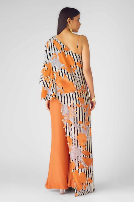 Basanti - Kapde Aur Koffee Floral Stripe Asymmetric Cape Pant Set 