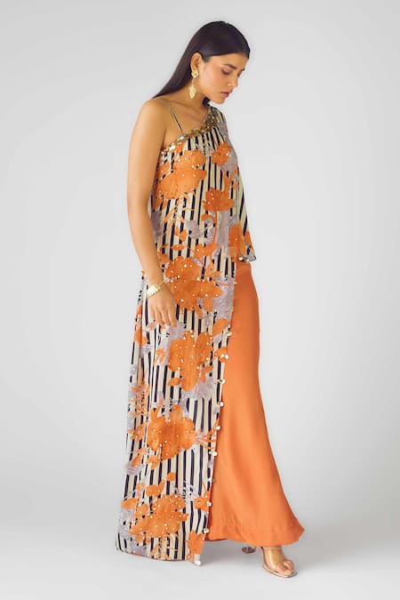 Buy_Basanti - Kapde Aur Koffee_Orange Crepe Sequins Round Neck Floral Stripe Asymmetric Cape Pant Set _Online_at_Aza_Fashions