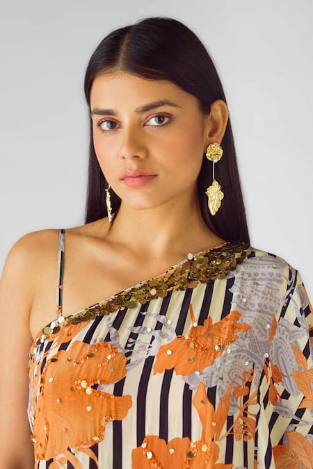 Shop_Basanti - Kapde Aur Koffee_Orange Crepe Sequins Round Neck Floral Stripe Asymmetric Cape Pant Set _Online_at_Aza_Fashions
