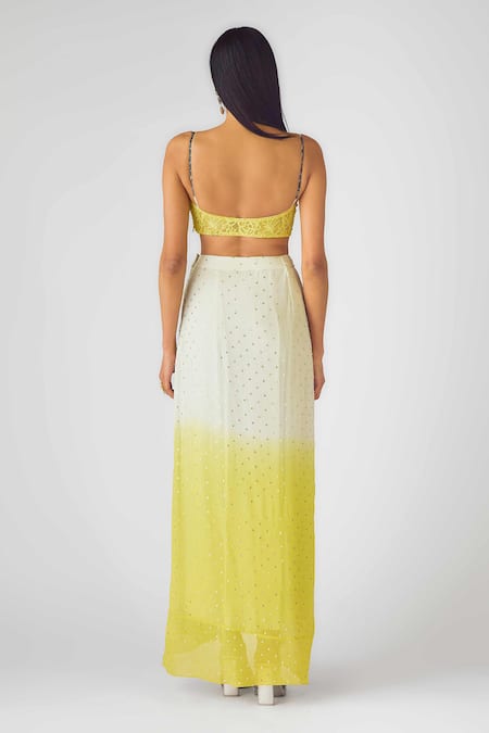 Basanti - Kapde Aur Koffee_Yellow Crepe Sequins Scoop Neck Floral Print Cape Set With Draped Skirt_Online_at_Aza_Fashions