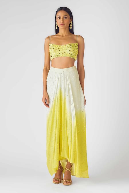 Buy_Basanti - Kapde Aur Koffee_Yellow Crepe Sequins Scoop Neck Floral Print Cape Set With Draped Skirt_Online_at_Aza_Fashions