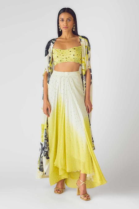 Shop_Basanti - Kapde Aur Koffee_Yellow Crepe Sequins Scoop Neck Floral Print Cape Set With Draped Skirt_Online_at_Aza_Fashions
