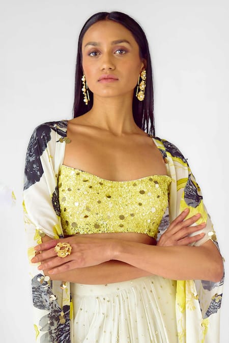 Basanti - Kapde Aur Koffee_Yellow Crepe Sequins Scoop Neck Floral Print Cape Set With Draped Skirt_at_Aza_Fashions