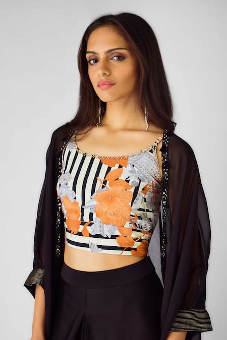 Basanti - Kapde Aur Koffee_Orange Crepe Beads, Sequins Round Neck Floral Cape Skirt Set _Online_at_Aza_Fashions