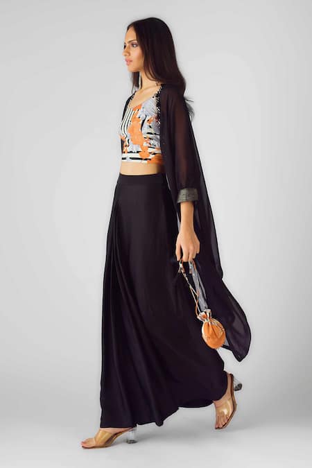 Buy_Basanti - Kapde Aur Koffee_Orange Crepe Beads, Sequins Round Neck Floral Cape Skirt Set _Online_at_Aza_Fashions