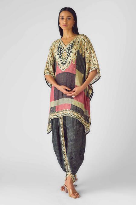 Buy_Basanti - Kapde Aur Koffee_Black Muslin Crystals V-neck Geometric Print Kaftan And Dhoti Pant Set_Online_at_Aza_Fashions