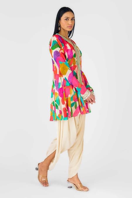 Basanti - Kapde Aur Koffee_Multi Color Crepe Mirrors, Sequins, Beads Abstract Print Kurta Dhoti Pant Set _Online_at_Aza_Fashions