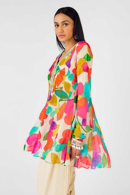 Buy_Basanti - Kapde Aur Koffee_Multi Color Crepe Mirrors, Sequins, Beads Abstract Print Kurta Dhoti Pant Set _Online_at_Aza_Fashions