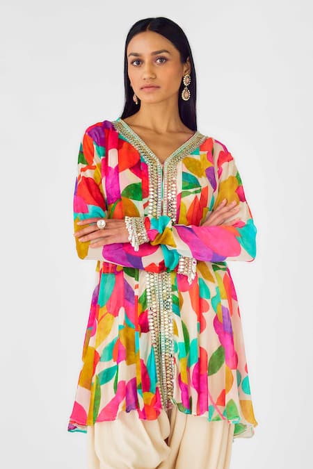 Shop_Basanti - Kapde Aur Koffee_Multi Color Crepe Mirrors, Sequins, Beads Abstract Print Kurta Dhoti Pant Set _Online_at_Aza_Fashions