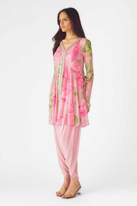 Basanti - Kapde Aur Koffee_Purple Georgette Pearls, Sequins V-neck Floral Printed Kurta And Dhoti Pant Set_Online_at_Aza_Fashions