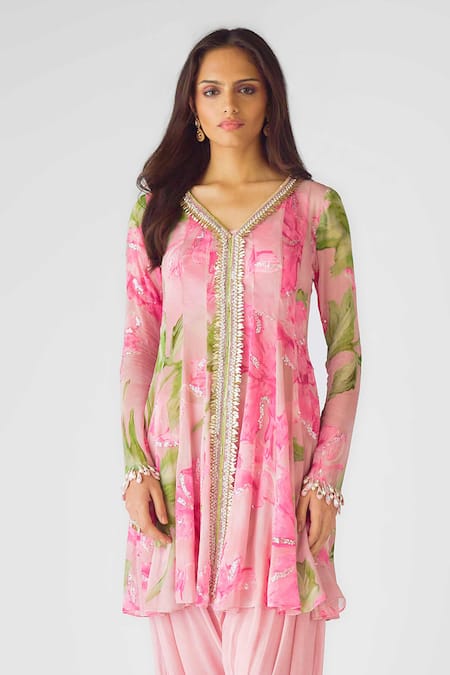 Buy_Basanti - Kapde Aur Koffee_Purple Georgette Pearls, Sequins V-neck Floral Printed Kurta And Dhoti Pant Set_Online_at_Aza_Fashions