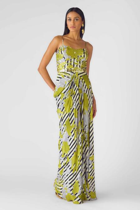Basanti - Kapde Aur Koffee_Green Crepe Sequins Sweetheart Neck Floral Stripe Embroidered Gown_Online_at_Aza_Fashions