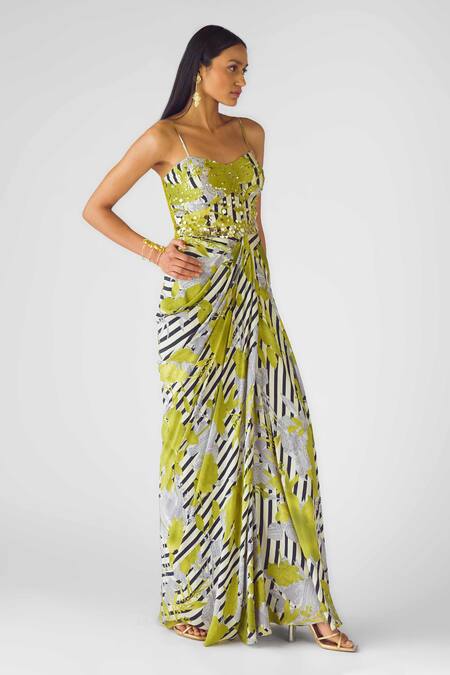 Buy_Basanti - Kapde Aur Koffee_Green Crepe Sequins Sweetheart Neck Floral Stripe Embroidered Gown_Online_at_Aza_Fashions