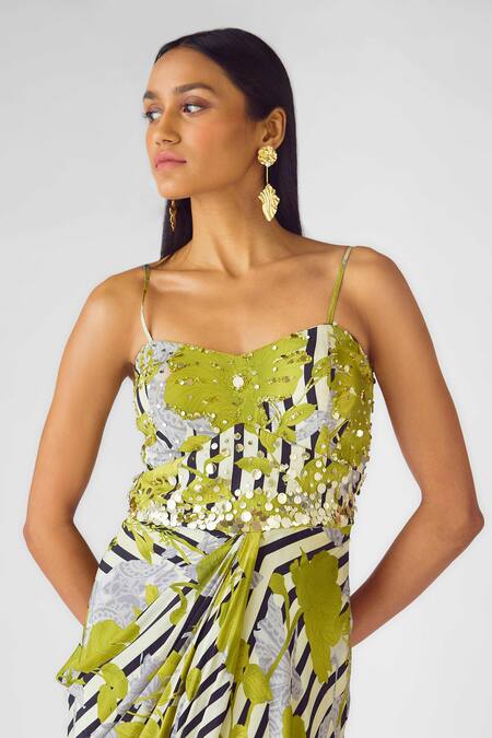 Shop_Basanti - Kapde Aur Koffee_Green Crepe Sequins Sweetheart Neck Floral Stripe Embroidered Gown_Online_at_Aza_Fashions
