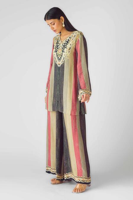 Basanti - Kapde Aur Koffee Multi Color Muslin Mirrors, Multicolor Stripe Print Kurta And Flared Pant Set Online at Aza Fashions Basanti - Kapde Aur Koffee_Multi Color Muslin Mirrors, Multicolor Stripe Print Kurta And Flared Pant Set_Online_at_Aza_Fashions