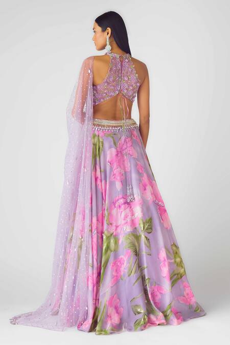 Shop Basanti - Kapde Aur Koffee Purple Georgette Sequins, Beads, Mirrors Halter Neck Floral Lehenga Set at Aza Fashions Shop_Basanti - Kapde Aur Koffee_Purple Georgette Sequins, Beads, Mirrors Halter Neck Floral Lehenga Set_at_Aza_Fashions